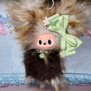 Custom Handmade Labubu Plush - Pop Mart Art Doll with Mint Green Bow & Bonus Set